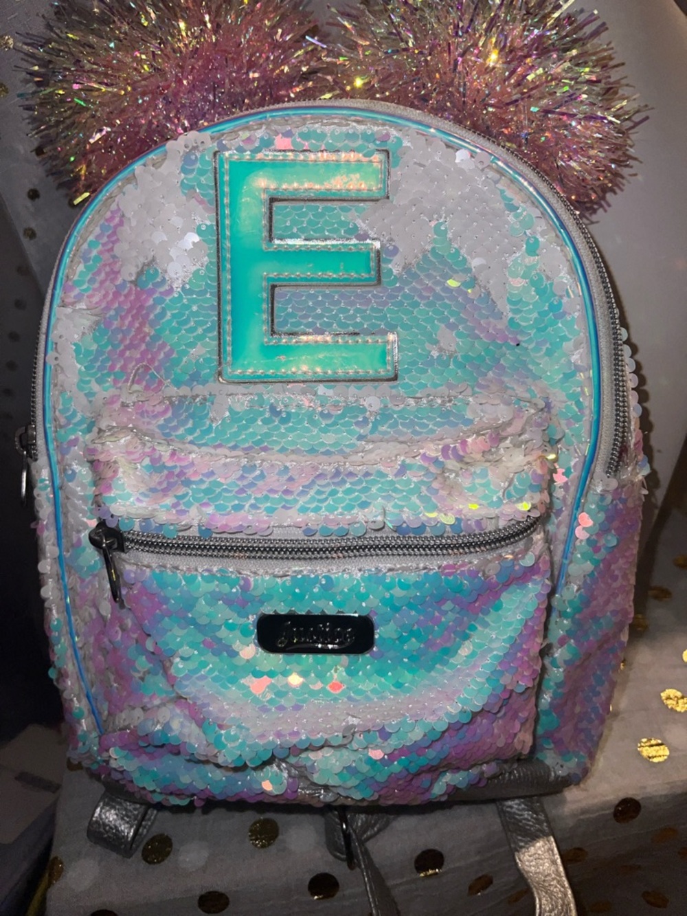 Sequin Mini Backpack with Iridescent E Initial - Women's Bag